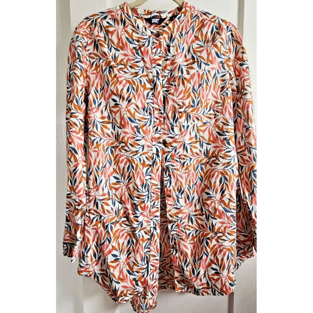 Lands End shirt dress leaves print‎ 100% Linen w/pockets Sz M( 10-12)